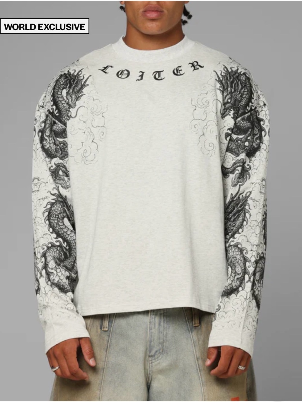 Loiter Dragon Tattoo Long Sleeve Tee White Streetwear Shirt / Large